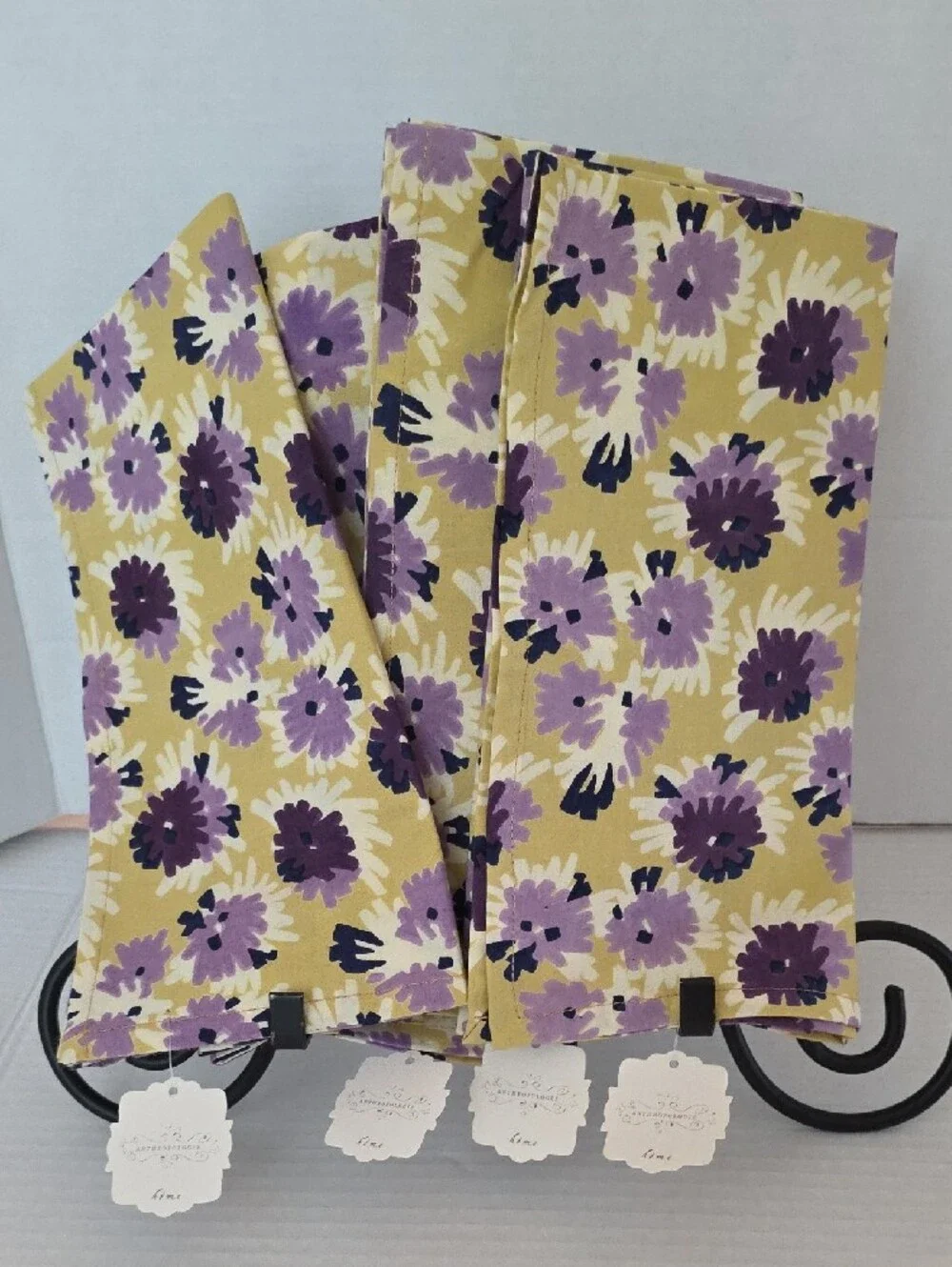 Anthropologie NWT Yellow Purple Floral Cotton Table Napkins Set of 4